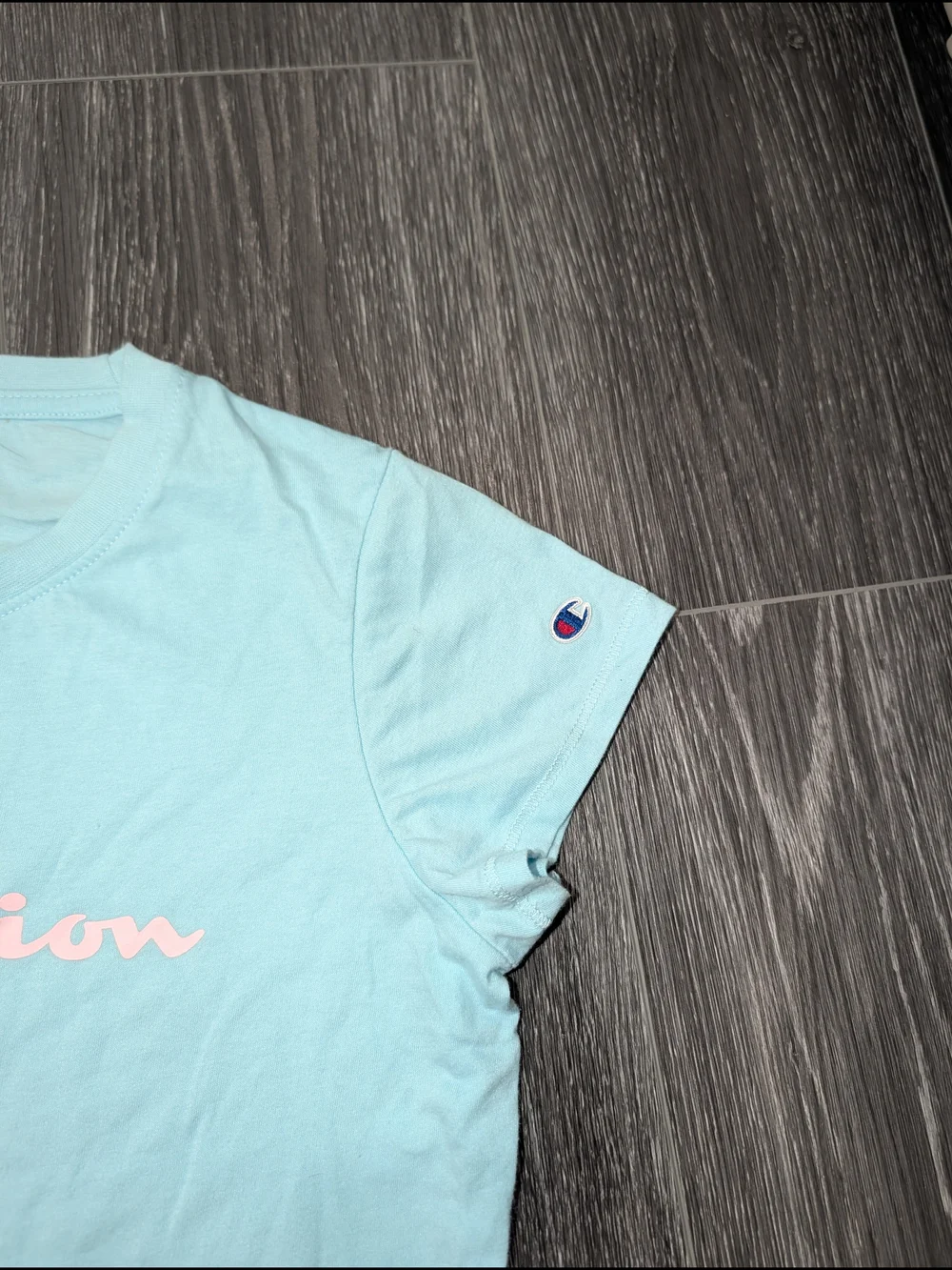 Champion Women's Light Blue Logo Tee with Pink Script